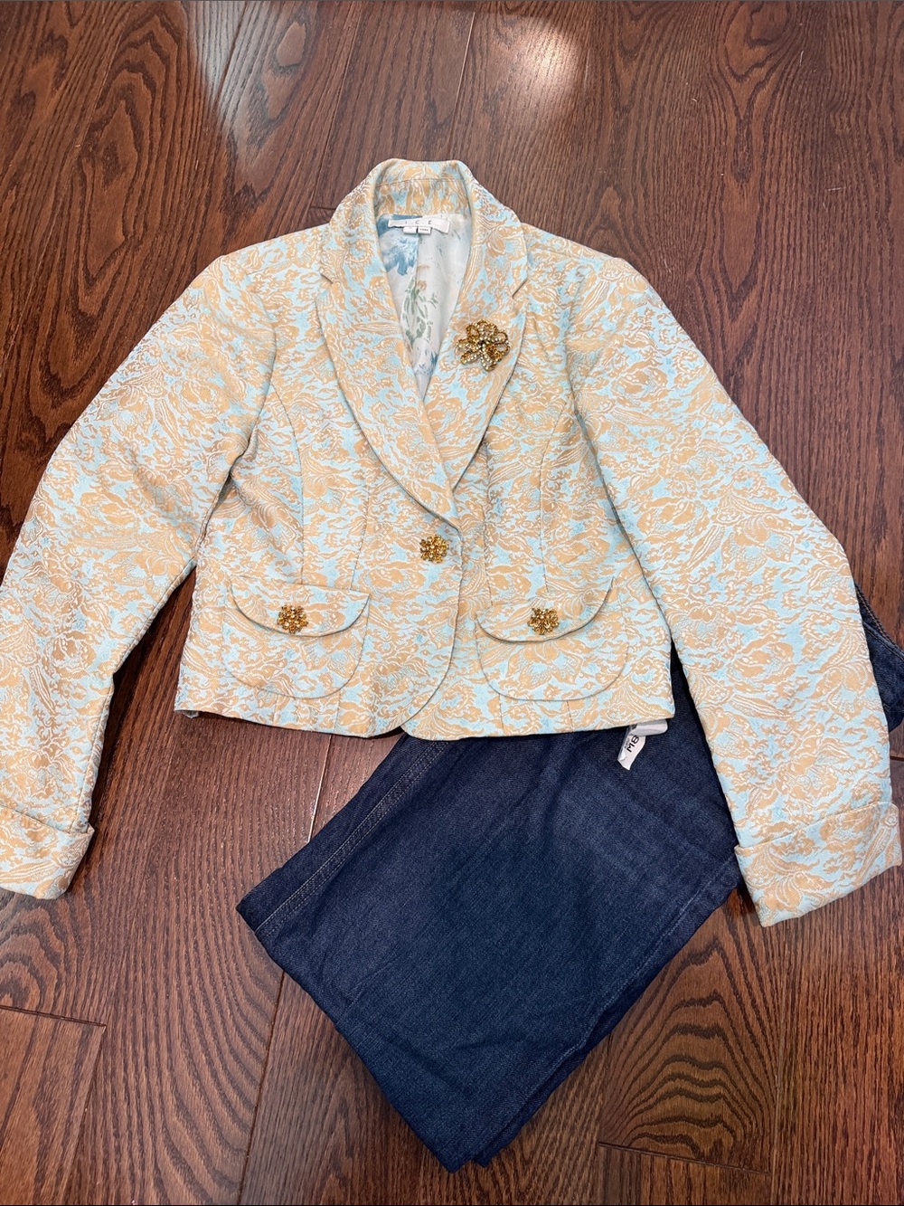 Ice Womens Pastel Blue and Cream Brocade Blazer Jacket